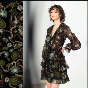 Marchesa Rosa Black Green Floral and Chains Ruffle Mini Dress Size 4